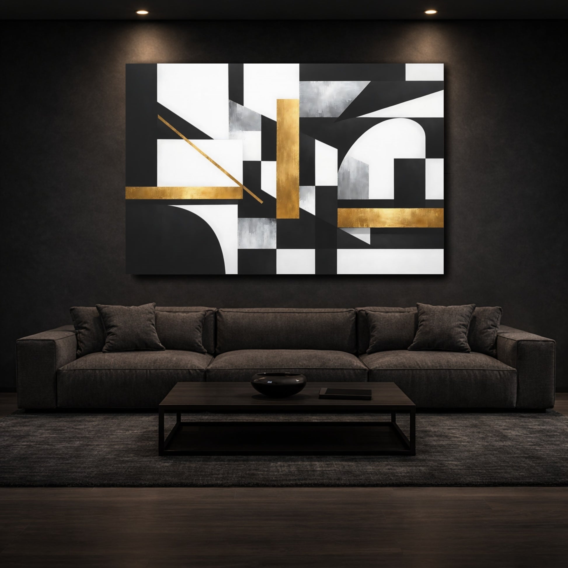 Mockup 2. Abstract Geometric Shapes Black White Gold shown as stretched canvas wall art