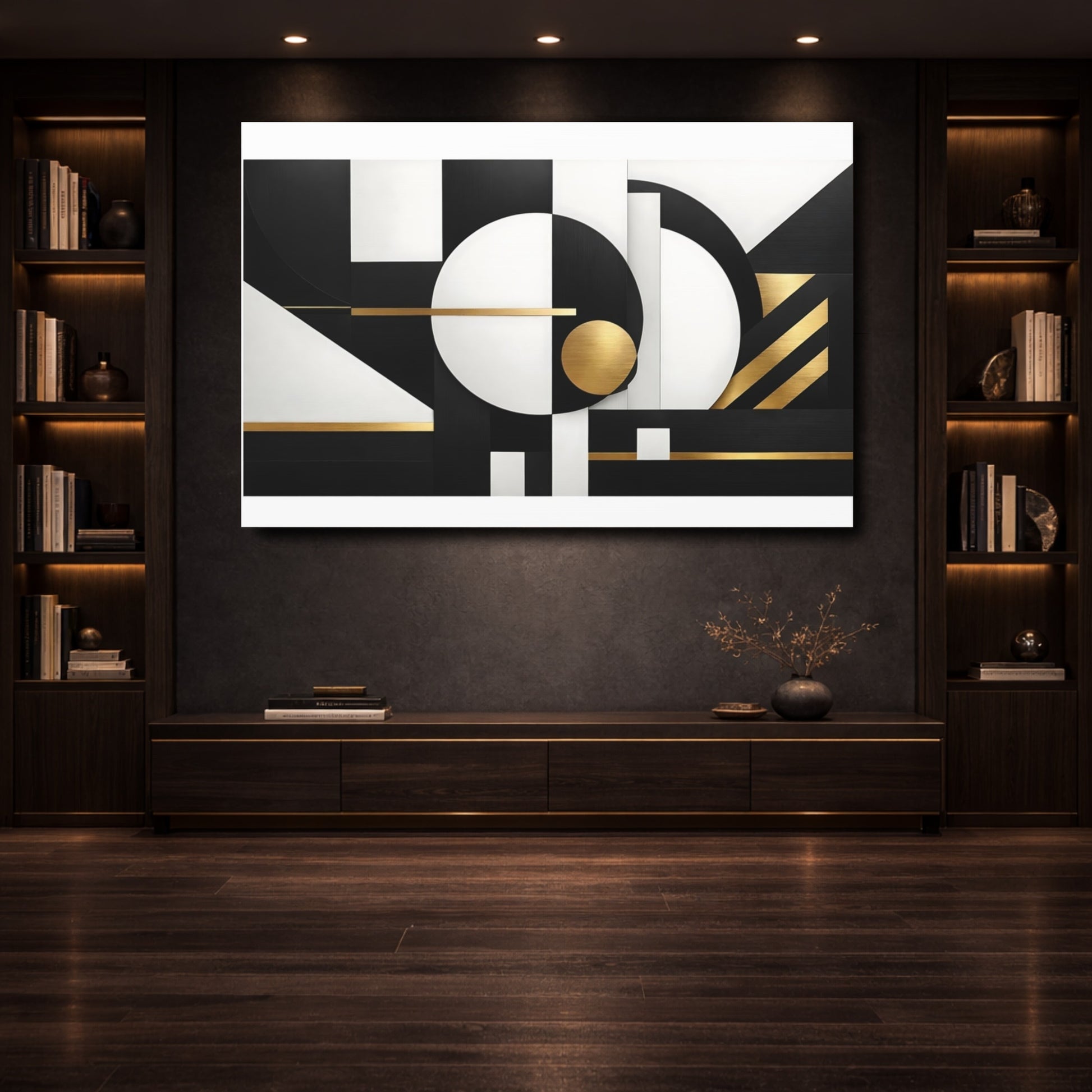 Mockup 3. Abstract Geometric Shapes Black White Gold shown as stretched canvas wall art