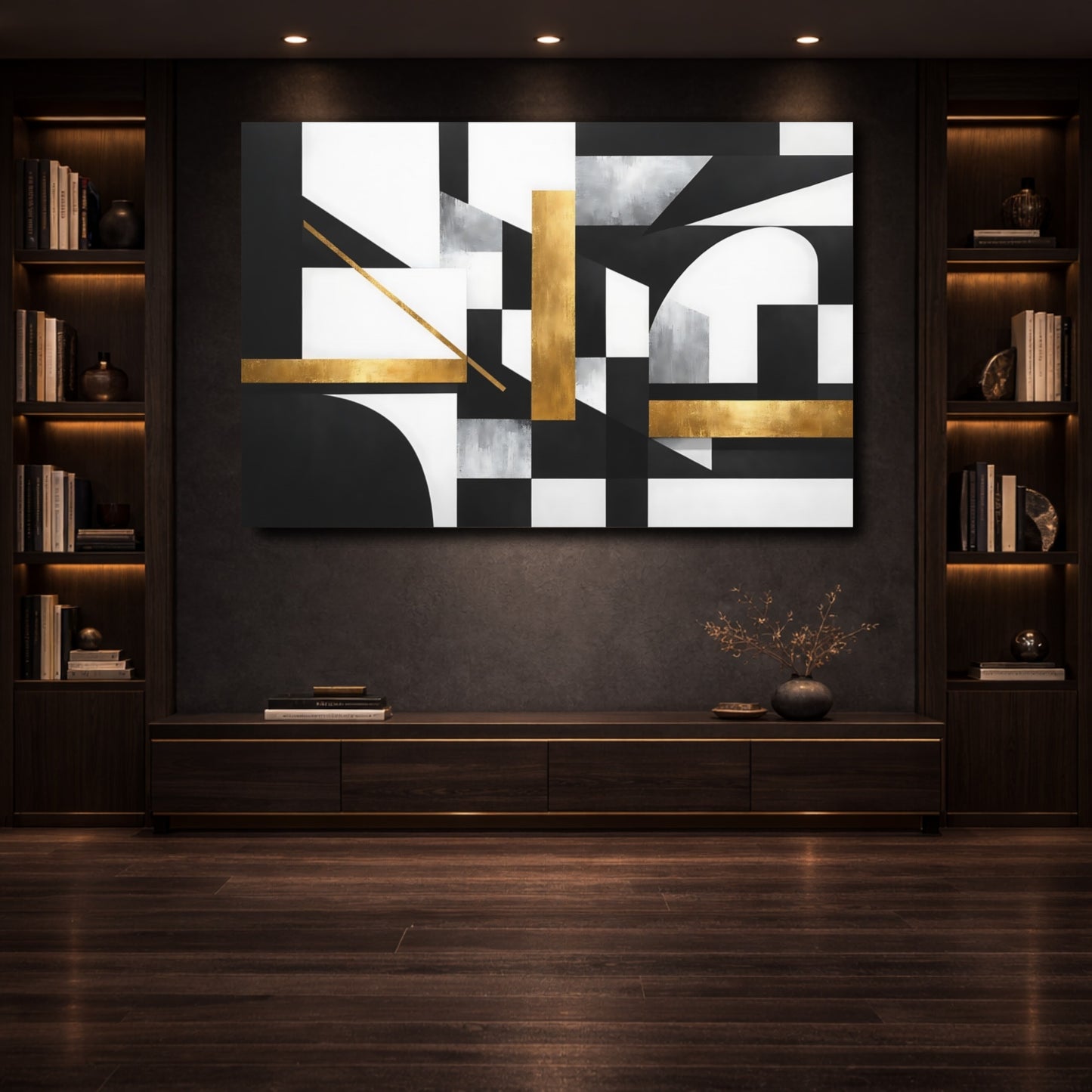 Mockup 3. Abstract Geometric Shapes Black White Gold shown as stretched canvas wall art