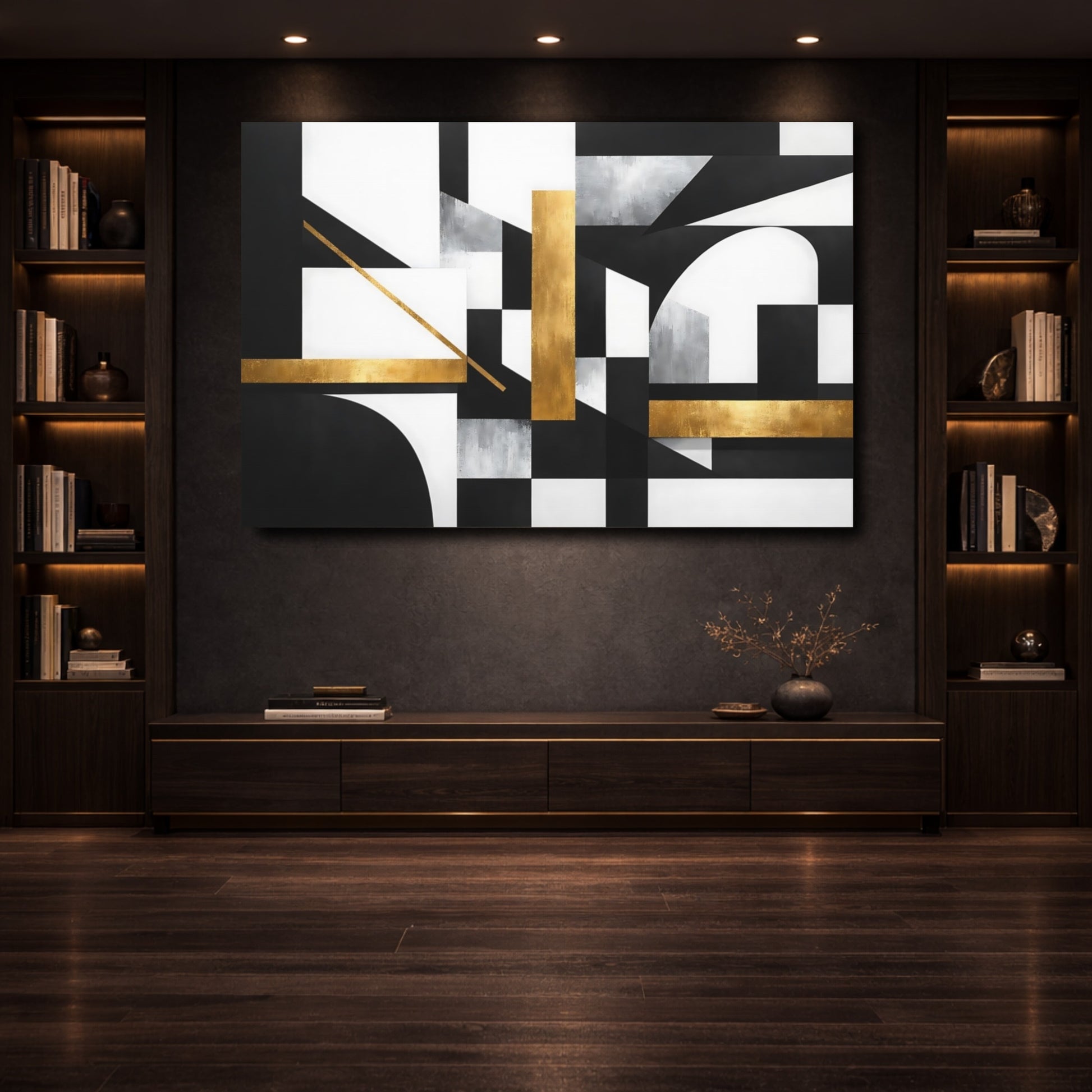 Mockup 3. Abstract Geometric Shapes Black White Gold shown as stretched canvas wall art