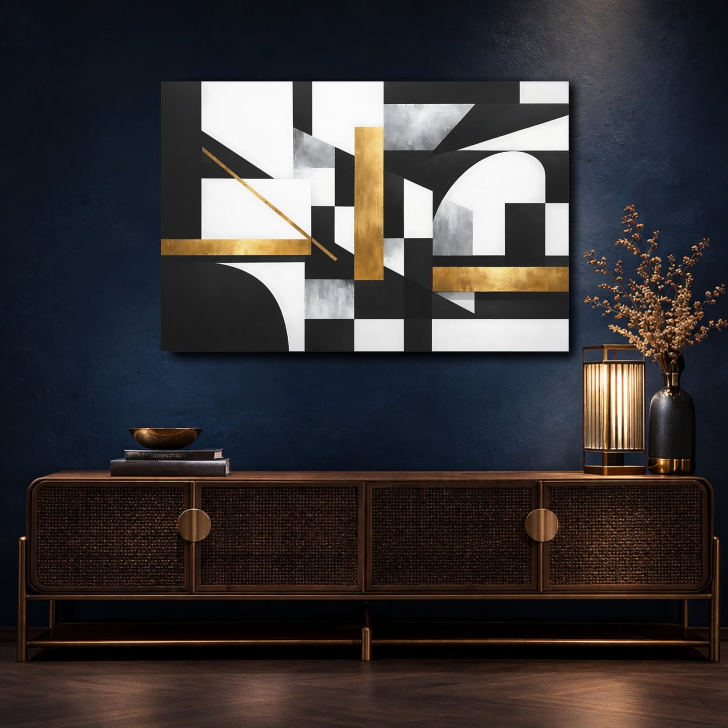 Mockup 4. Abstract Geometric Shapes Black White Gold shown as stretched canvas wall art