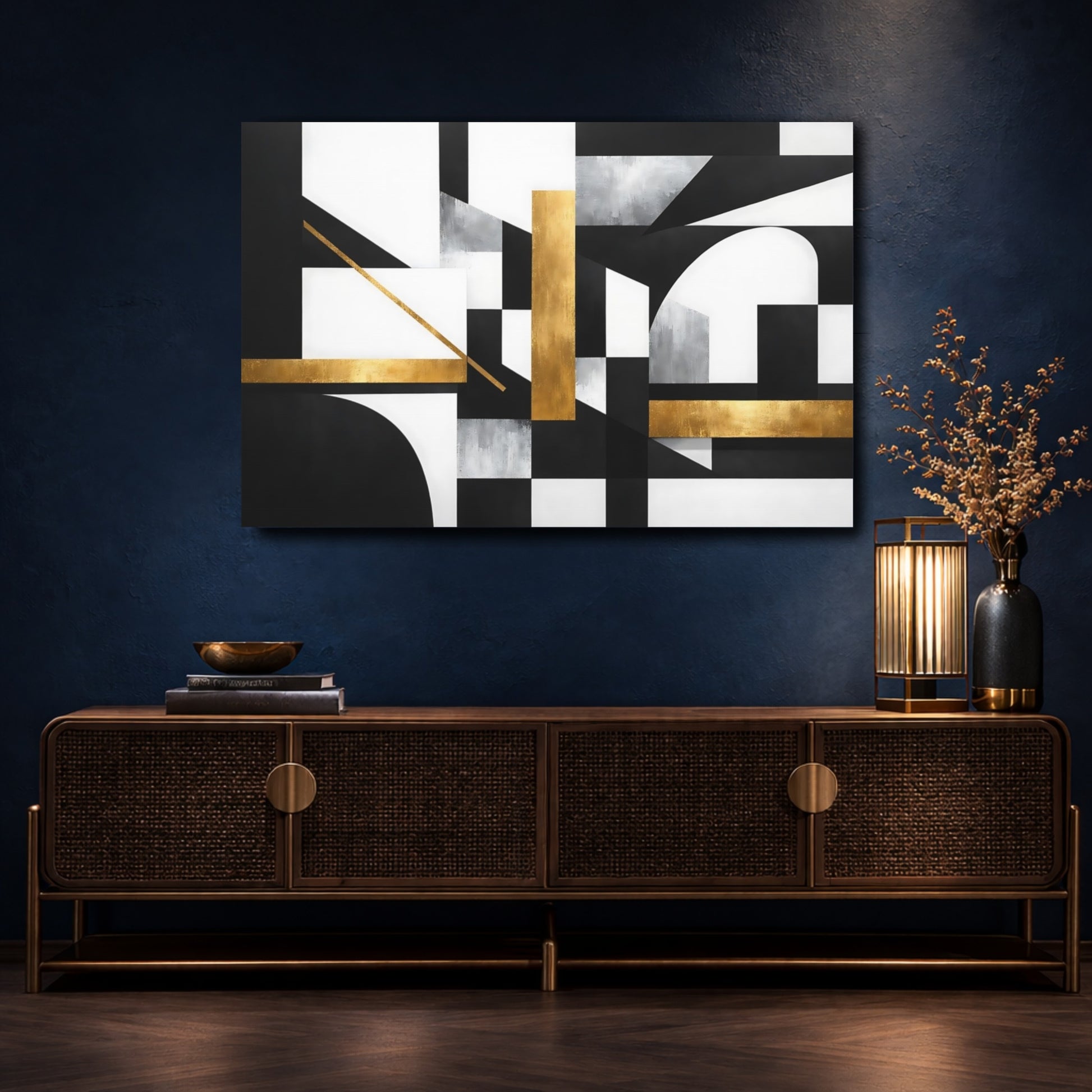 Mockup 4. Abstract Geometric Shapes Black White Gold shown as stretched canvas wall art