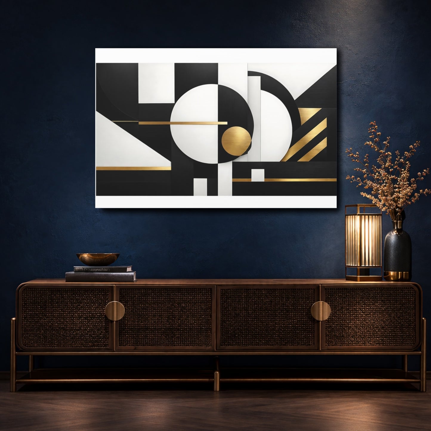 Mockup 4. Abstract Geometric Shapes Black White Gold shown as stretched canvas wall art