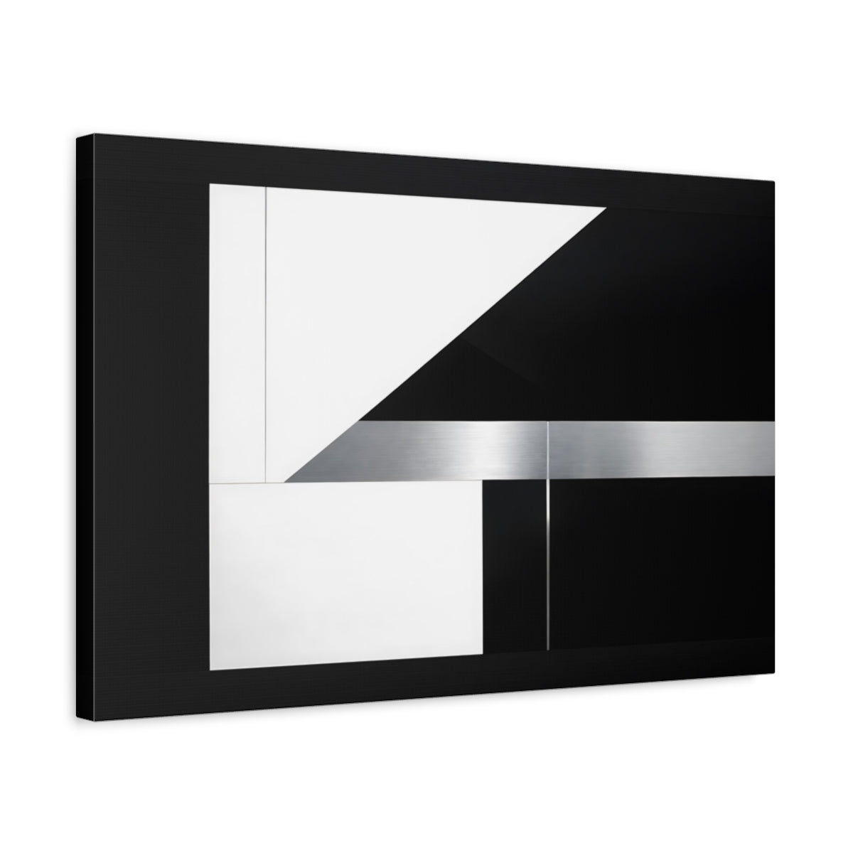 Side Mockup 3. Abstract Geometric Shapes Black White Silver shown as stretched canvas wall art