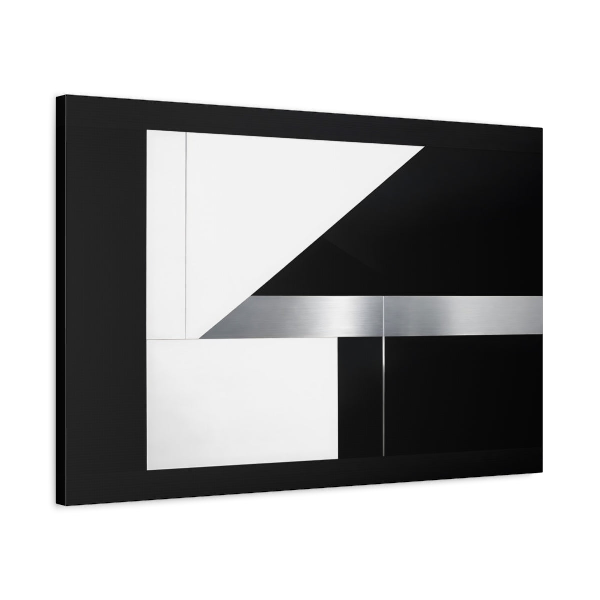 Side Mockup 2. Abstract Geometric Shapes Black White Silver shown as stretched canvas wall art