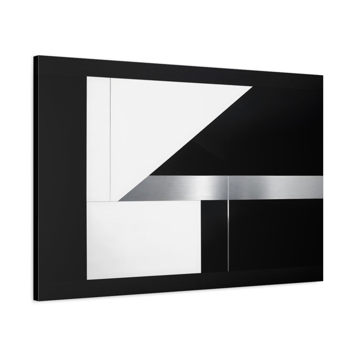 Side Mockup 1. Abstract Geometric Shapes Black White Silver shown as stretched canvas wall art