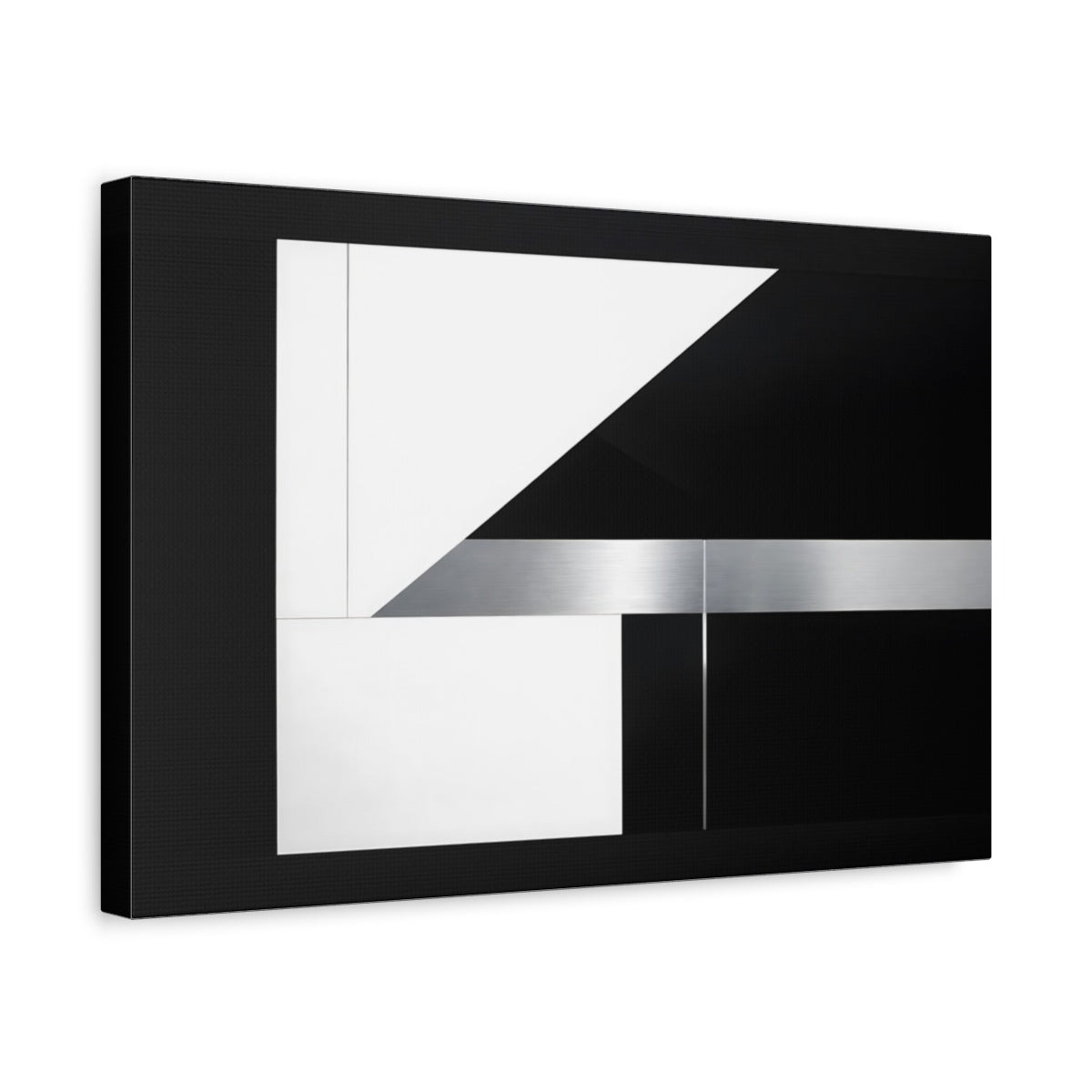 Side Mockup 4. Abstract Geometric Shapes Black White Silver shown as stretched canvas wall art