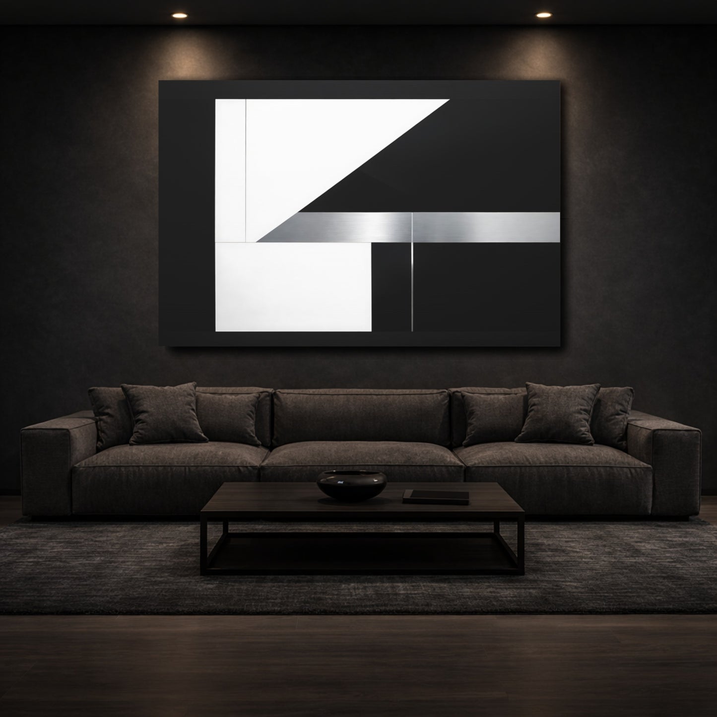 Mockup 2. Abstract Geometric Shapes Black White Silver shown as stretched canvas wall art