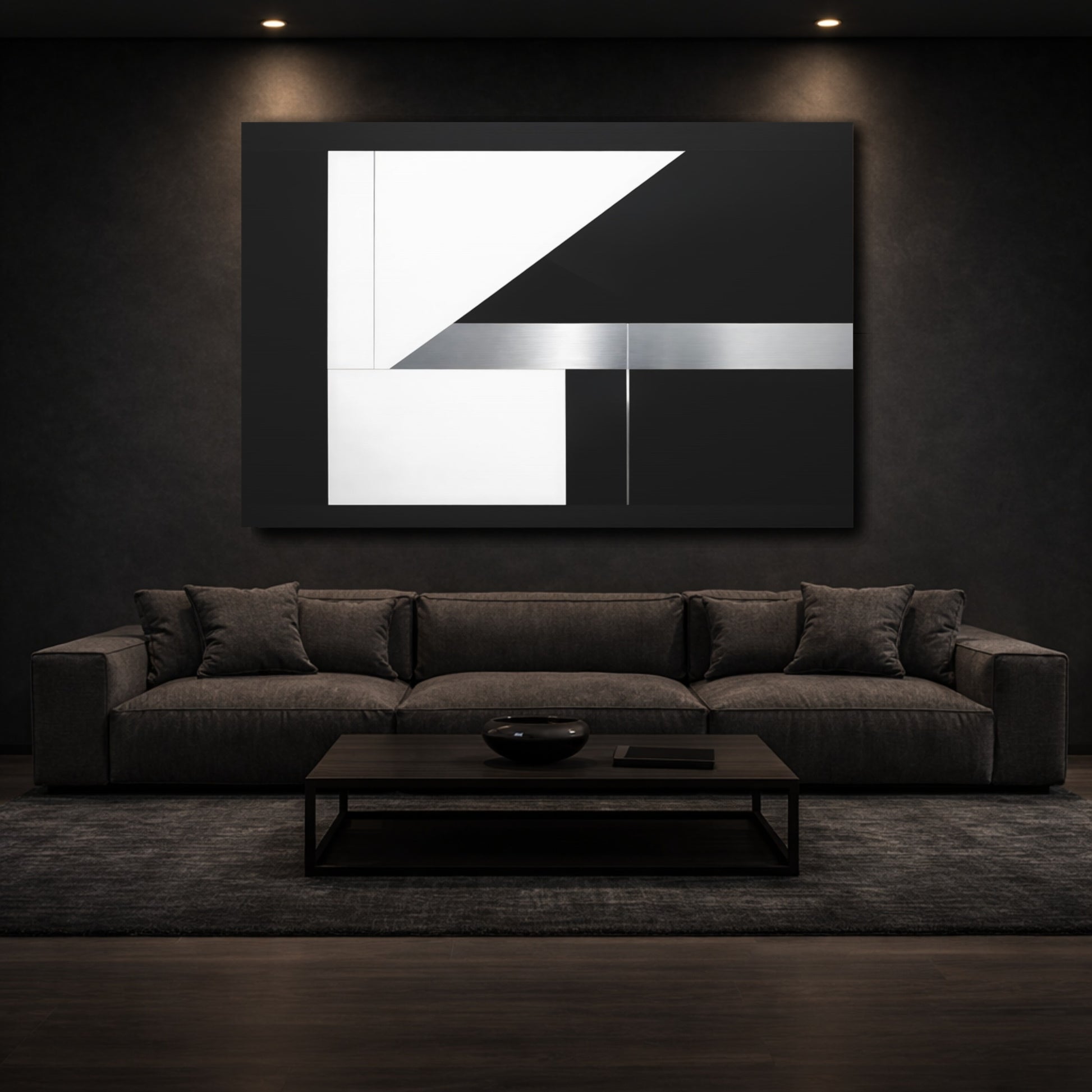 Mockup 2. Abstract Geometric Shapes Black White Silver shown as stretched canvas wall art