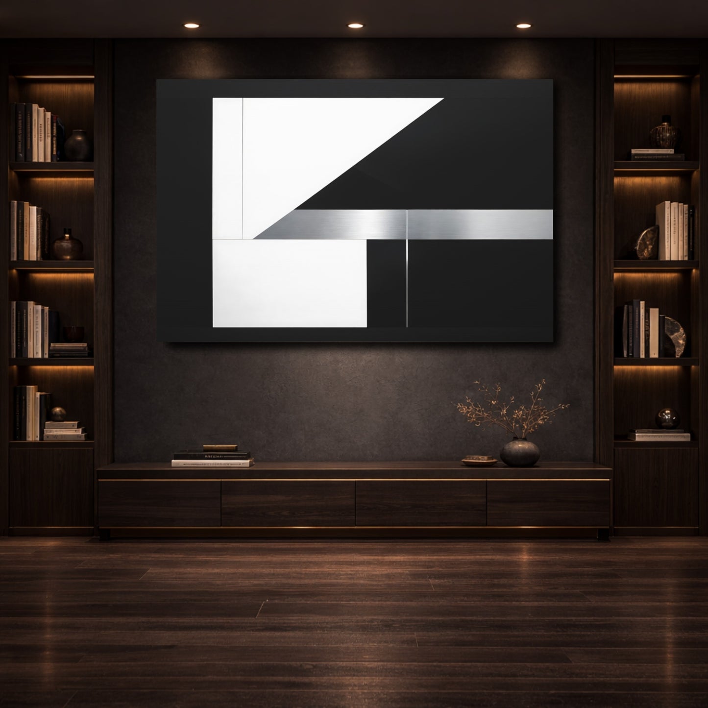 Mockup 3. Abstract Geometric Shapes Black White Silver shown as stretched canvas wall art