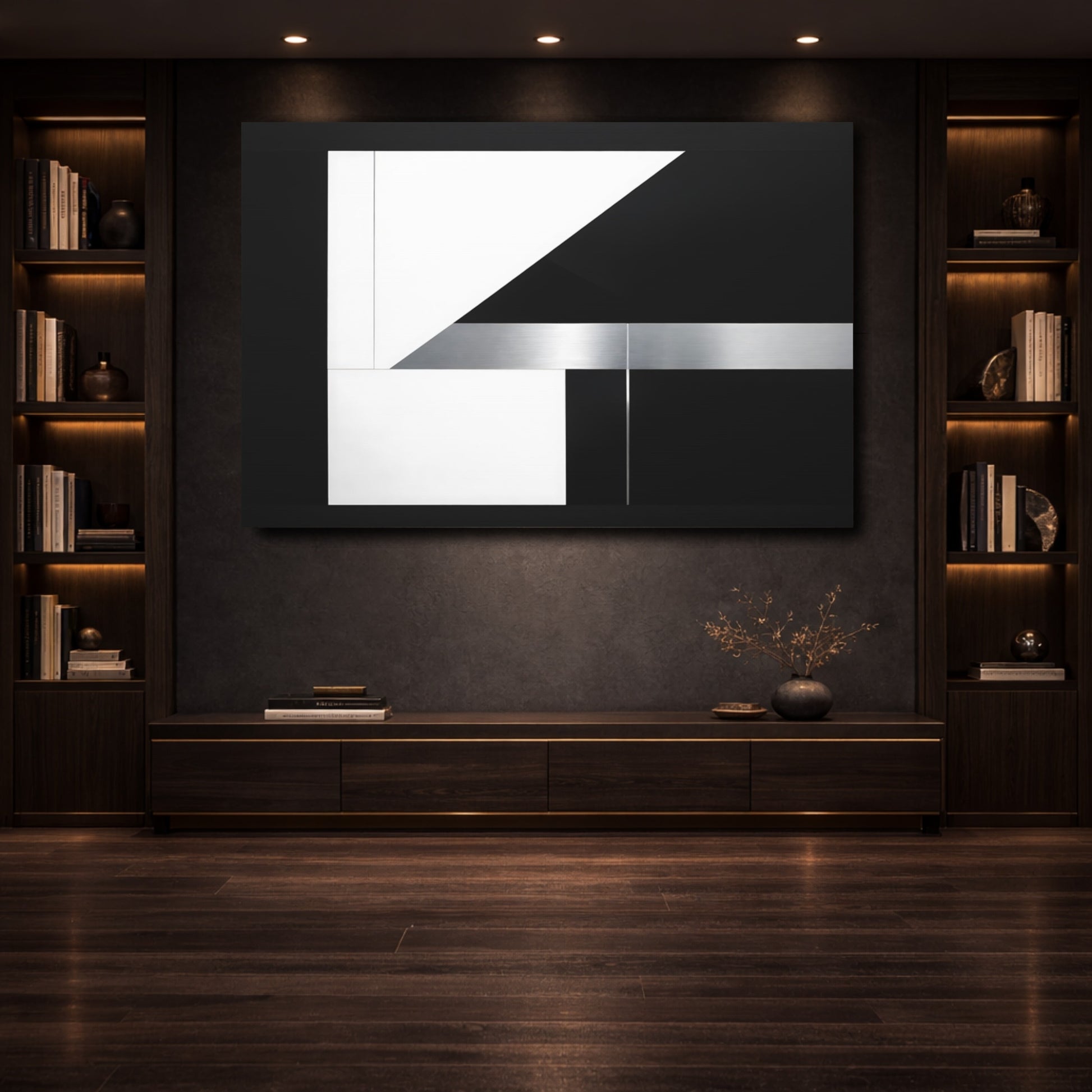 Mockup 3. Abstract Geometric Shapes Black White Silver shown as stretched canvas wall art
