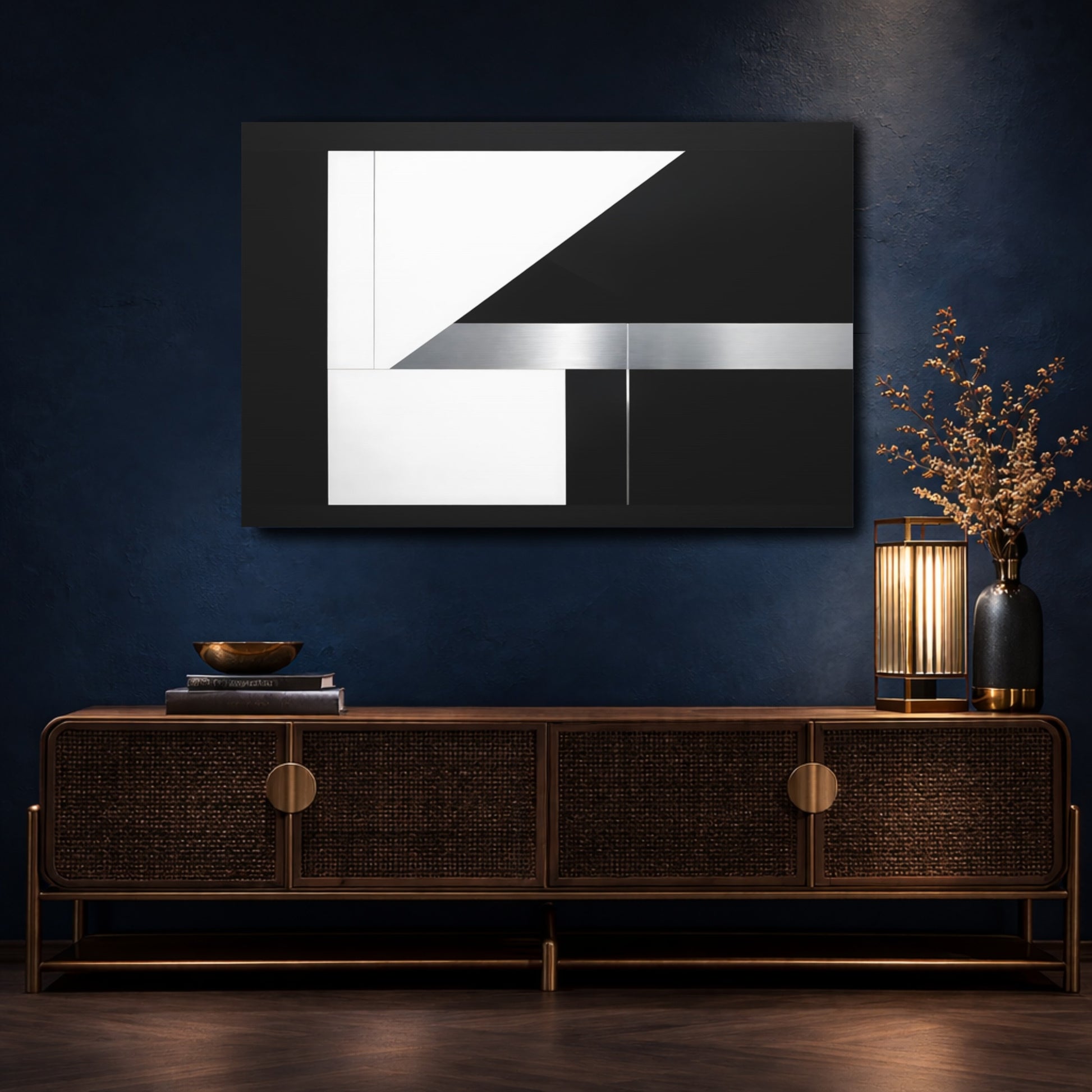 Mockup 4. Abstract Geometric Shapes Black White Silver shown as stretched canvas wall art