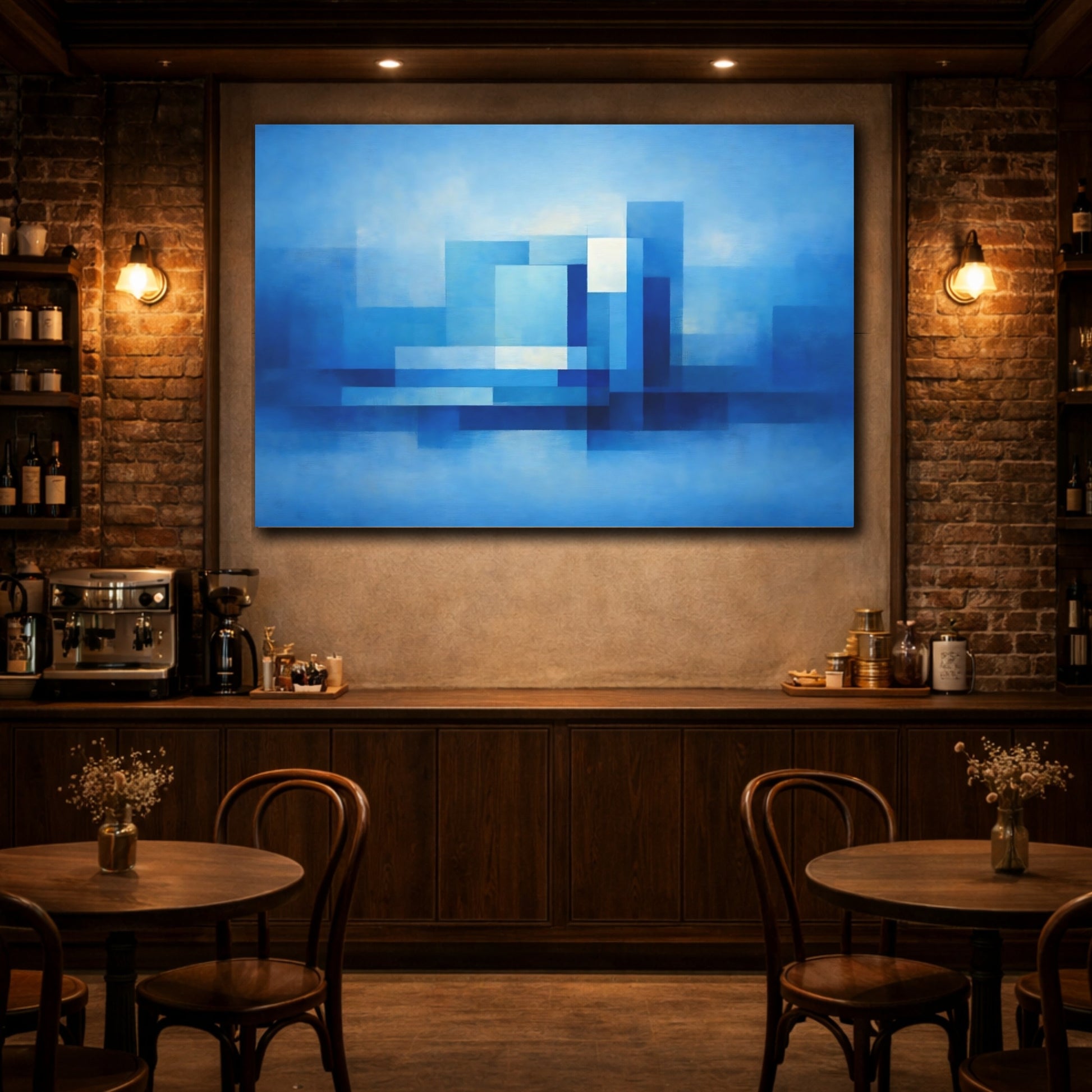 Mockup 2. Abstract Geometric Shapes Blue Abstract shown as stretched canvas wall art