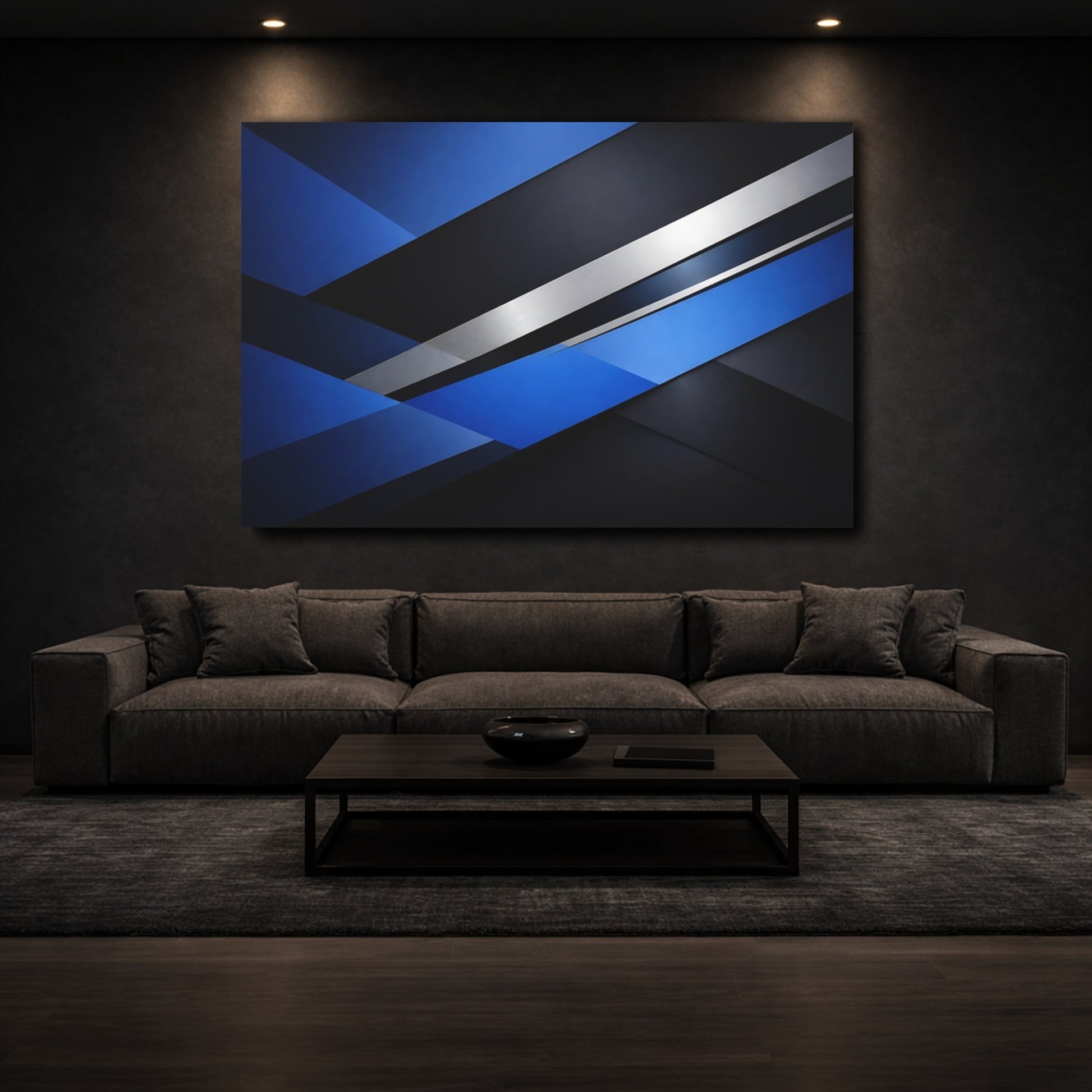 Mockup 2. Abstract Geometric Shapes Blue And Black Abstract shown as stretched canvas wall art
