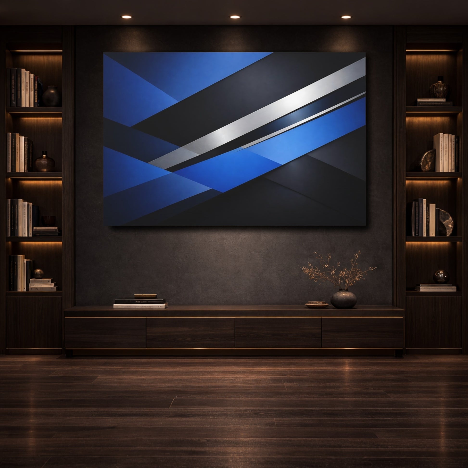 Mockup 3. Abstract Geometric Shapes Blue And Black Abstract shown as stretched canvas wall art