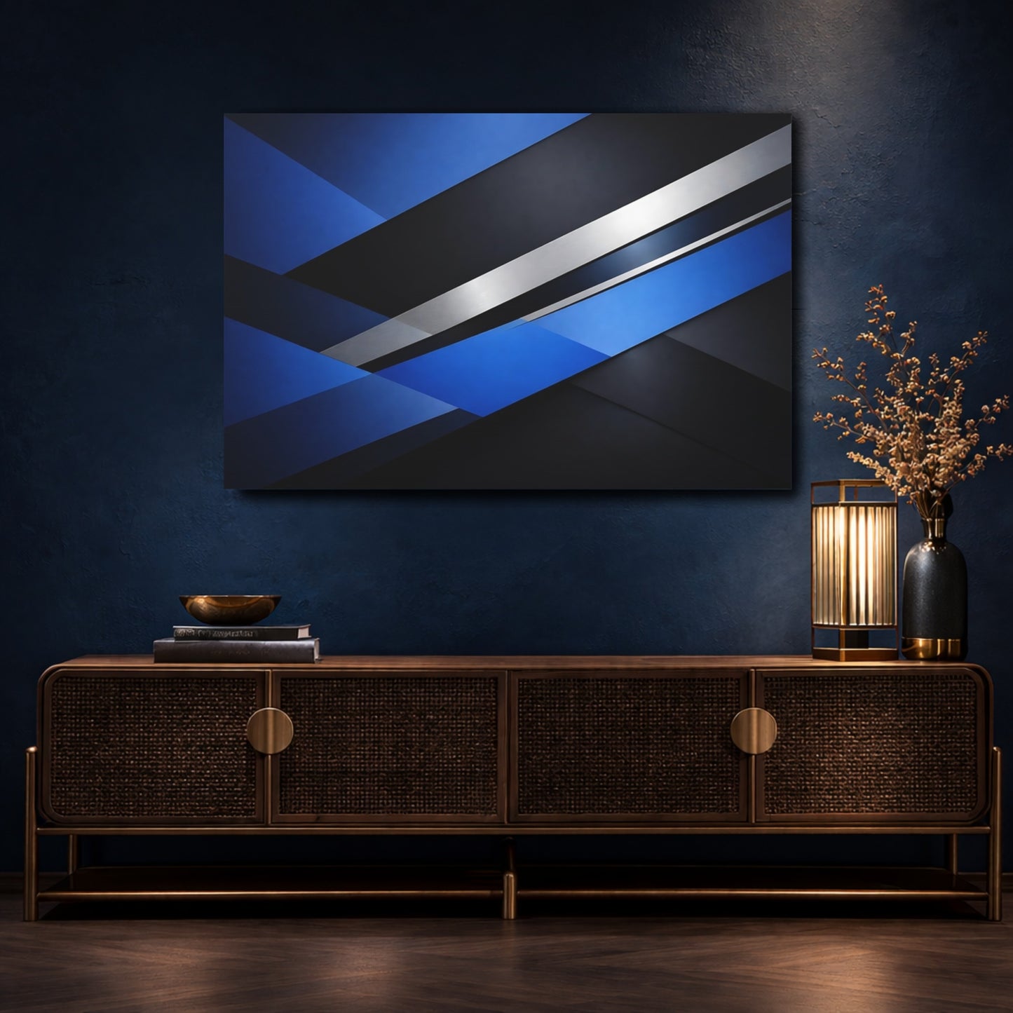 Mockup 4. Abstract Geometric Shapes Blue And Black Abstract shown as stretched canvas wall art
