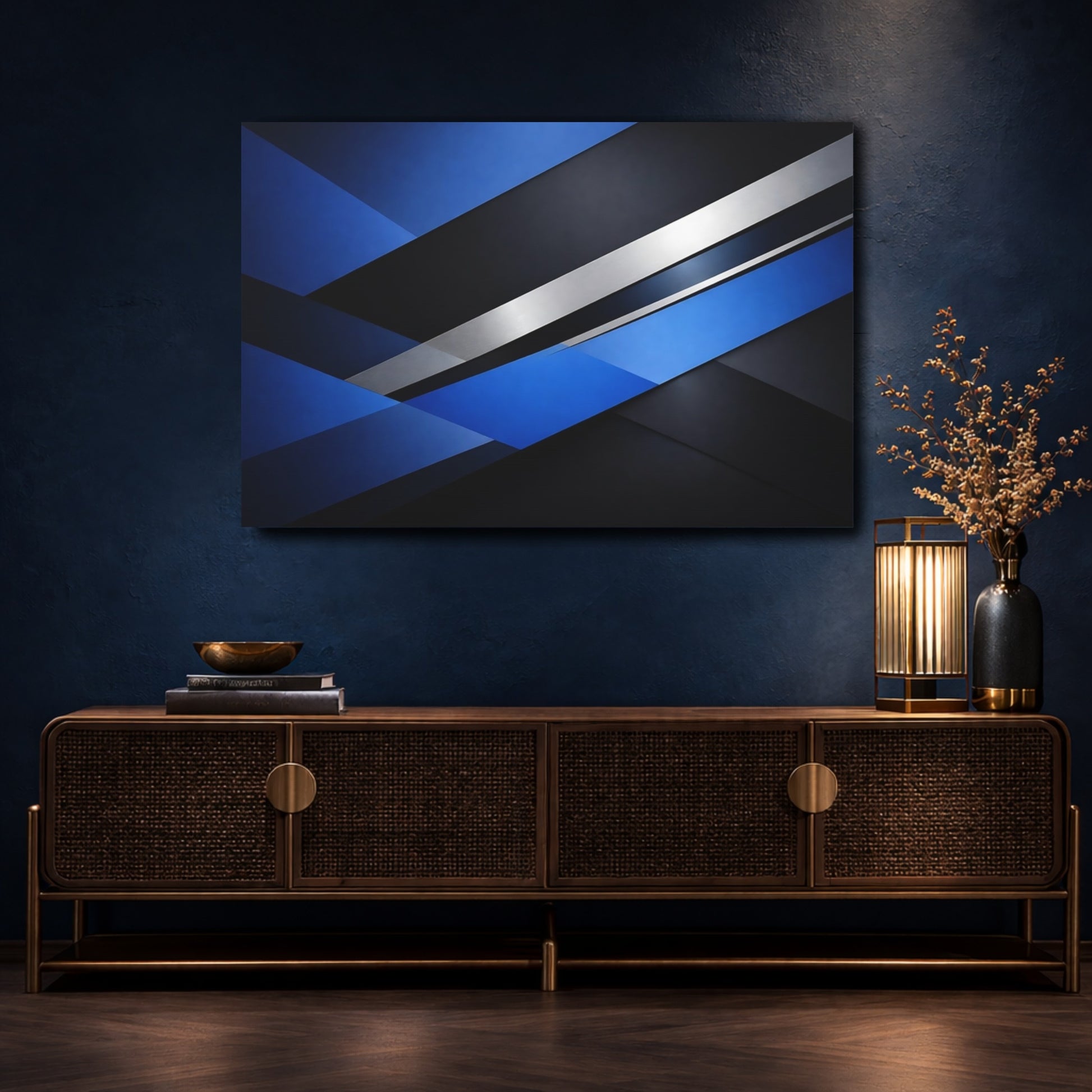 Mockup 4. Abstract Geometric Shapes Blue And Black Abstract shown as stretched canvas wall art