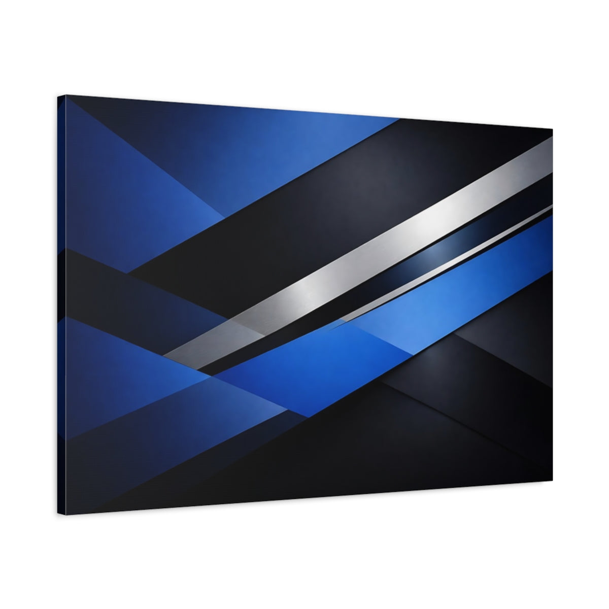 Side Mockup 1. Abstract Geometric Shapes Blue And Black Abstract shown as stretched canvas wall art