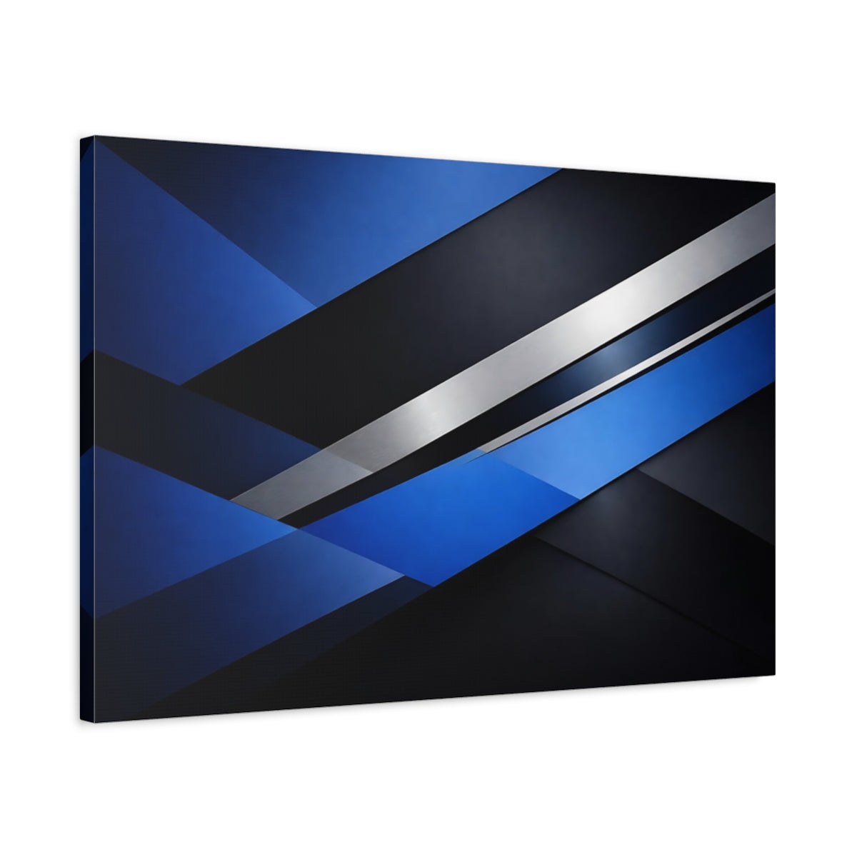 Side Mockup 2. Abstract Geometric Shapes Blue And Black Abstract shown as stretched canvas wall art