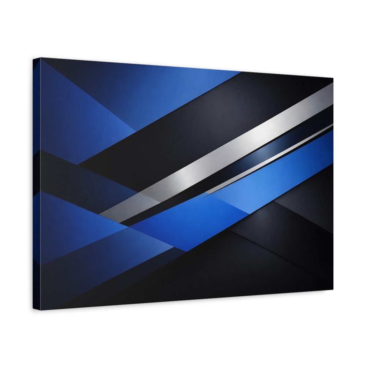 Side Mockup 3. Abstract Geometric Shapes Blue And Black Abstract shown as stretched canvas wall art