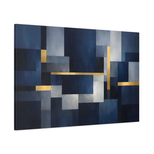 Main Mockup. Abstract Geometric Shapes Blue And Gold shown as stretched canvas wall art