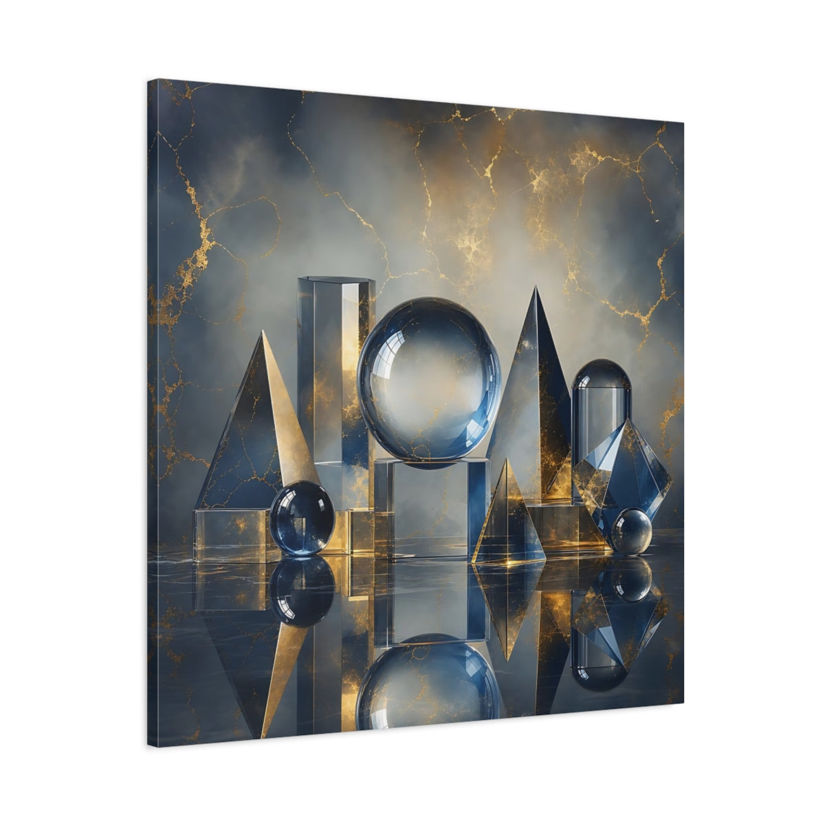 Main Mockup. Abstract Geometric Shapes Blue And Gold shown as stretched canvas wall art
