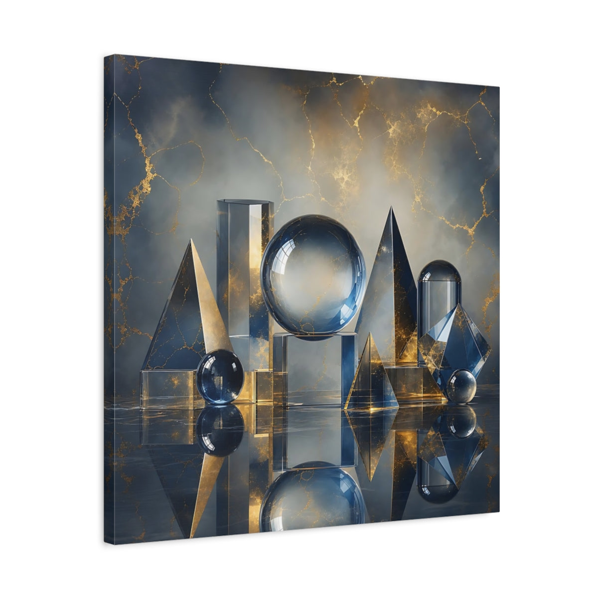 Side Mockup 4. Abstract Geometric Shapes Blue And Gold shown as stretched canvas wall art