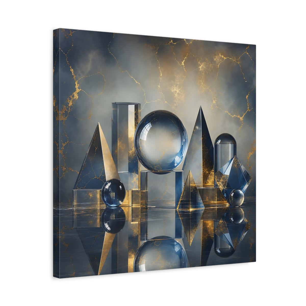 Side Mockup 5. Abstract Geometric Shapes Blue And Gold shown as stretched canvas wall art