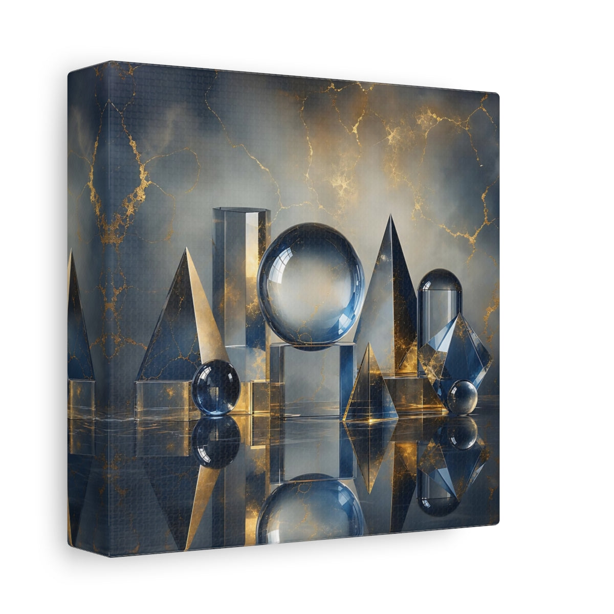 Side Mockup 2. Abstract Geometric Shapes Blue And Gold shown as stretched canvas wall art