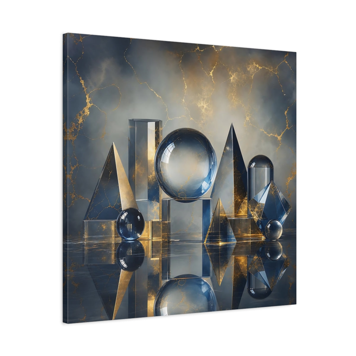 Side Mockup 3. Abstract Geometric Shapes Blue And Gold shown as stretched canvas wall art