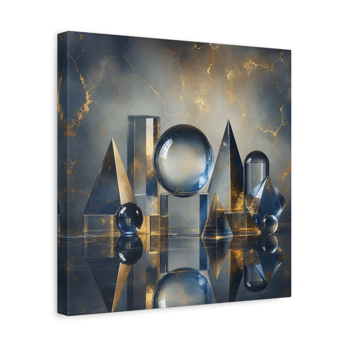 Side Mockup 7. Abstract Geometric Shapes Blue And Gold shown as stretched canvas wall art