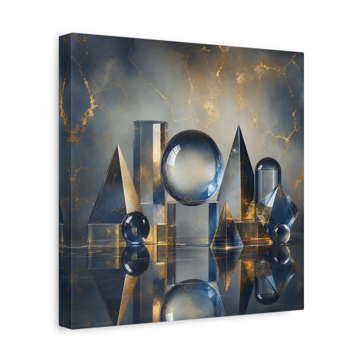 Side Mockup 8. Abstract Geometric Shapes Blue And Gold shown as stretched canvas wall art
