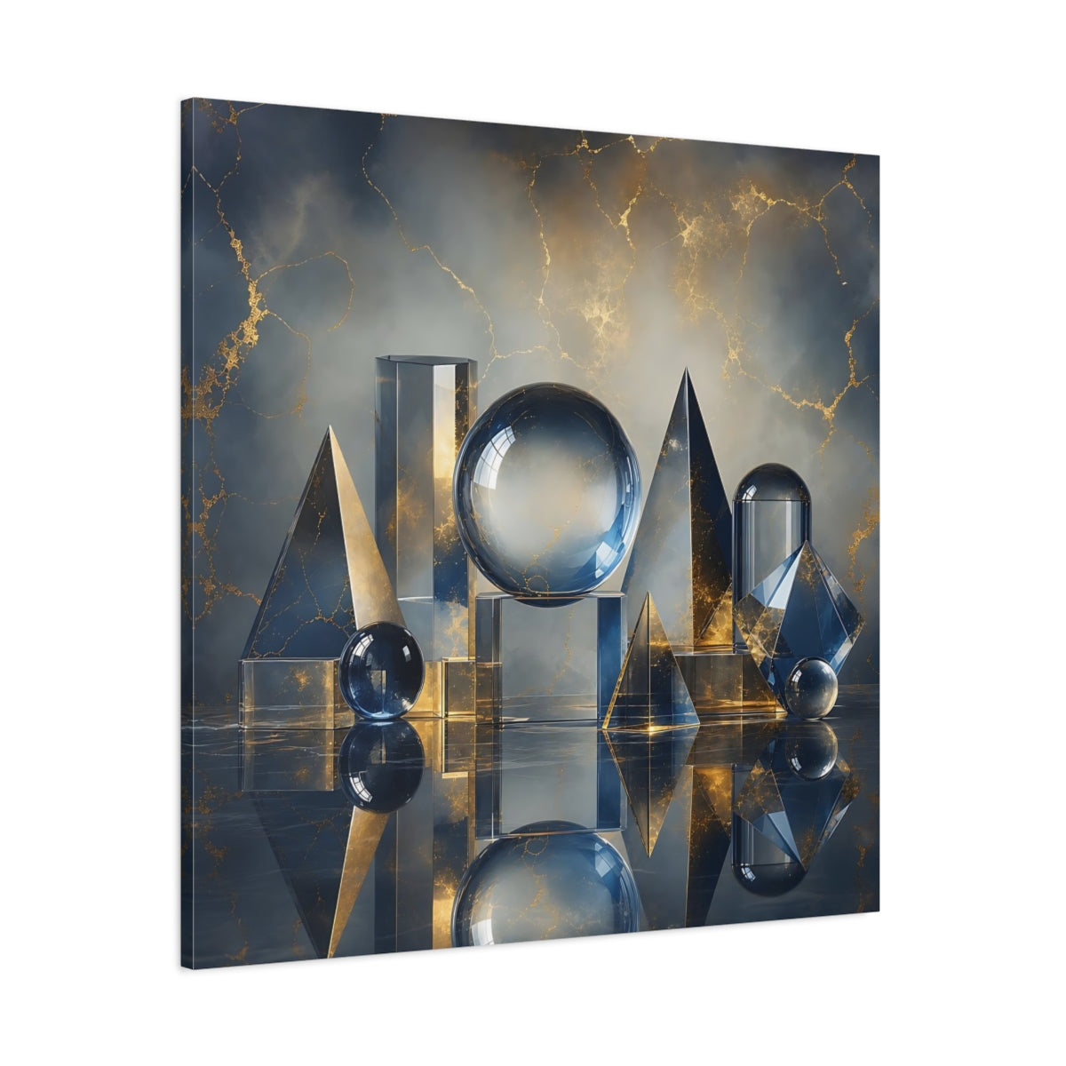 Side Mockup 1. Abstract Geometric Shapes Blue And Gold shown as stretched canvas wall art