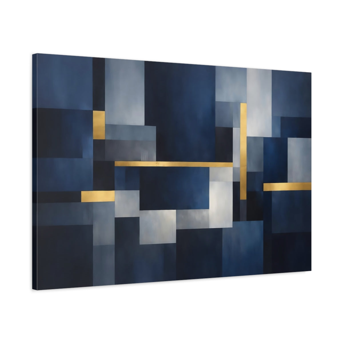 Side Mockup 1. Abstract Geometric Shapes Blue And Gold shown as stretched canvas wall art