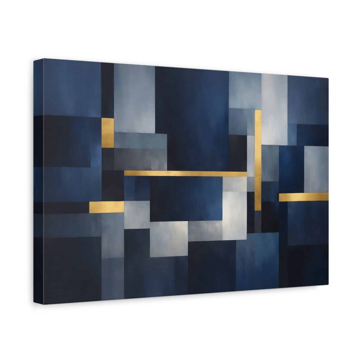 Side Mockup 4. Abstract Geometric Shapes Blue And Gold shown as stretched canvas wall art