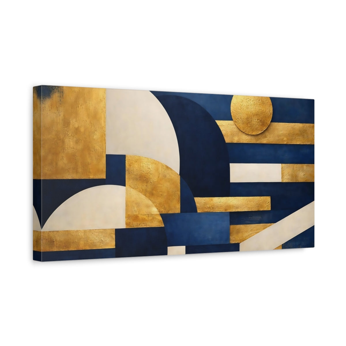 Side Mockup 3. Abstract Geometric Shapes Blue And Gold shown as stretched canvas wall art