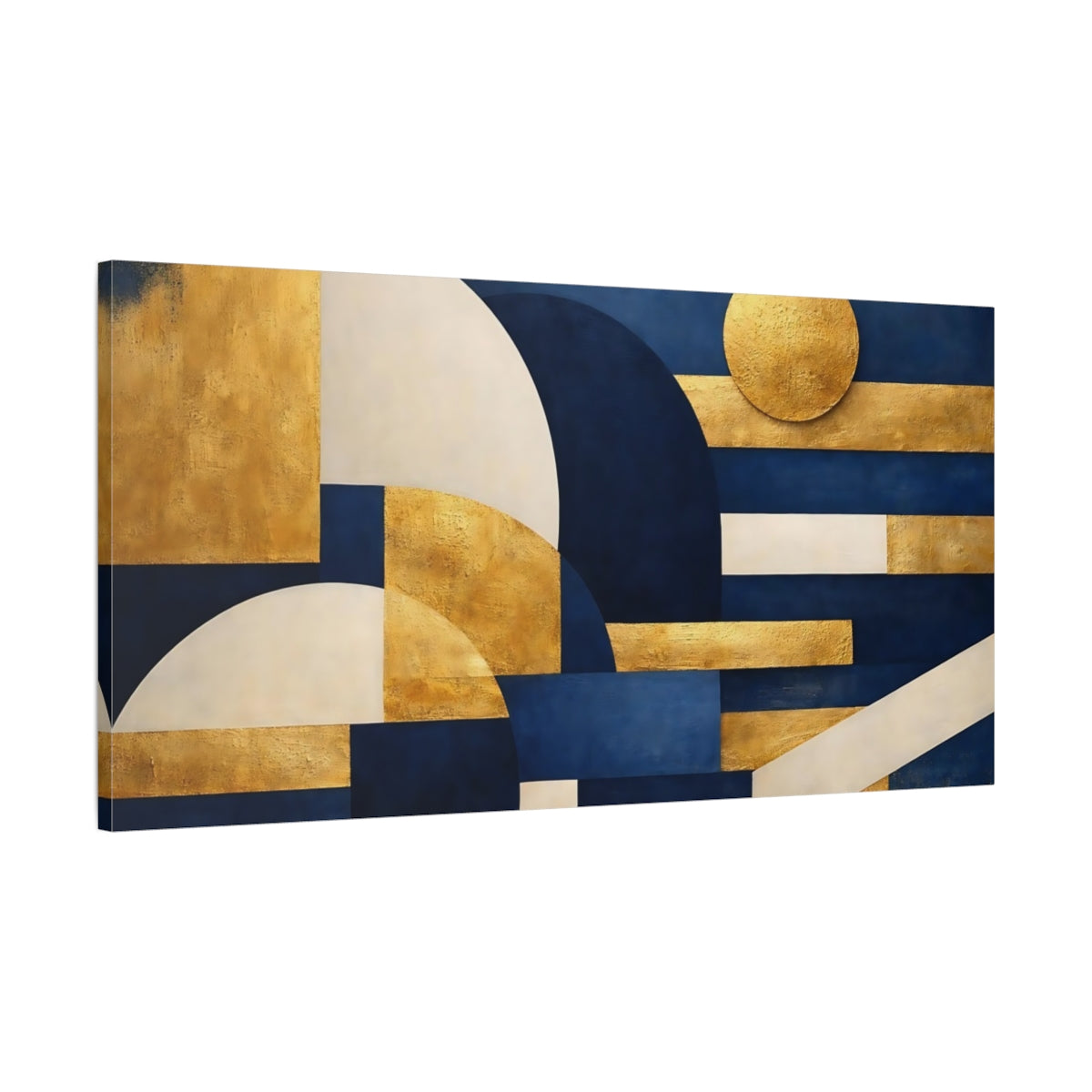 Side Mockup 1. Abstract Geometric Shapes Blue And Gold shown as stretched canvas wall art