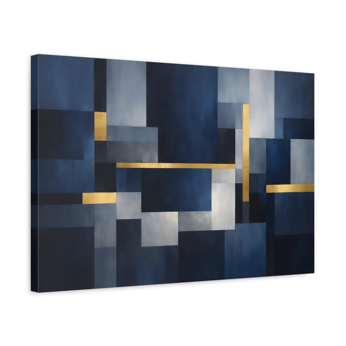 Side Mockup 3. Abstract Geometric Shapes Blue And Gold shown as stretched canvas wall art