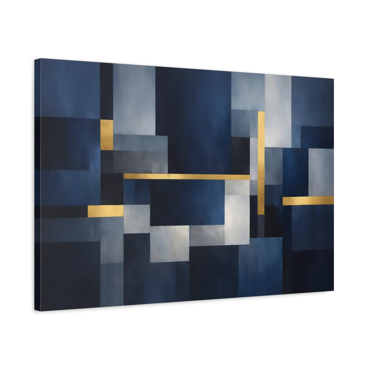 Side Mockup 2. Abstract Geometric Shapes Blue And Gold shown as stretched canvas wall art
