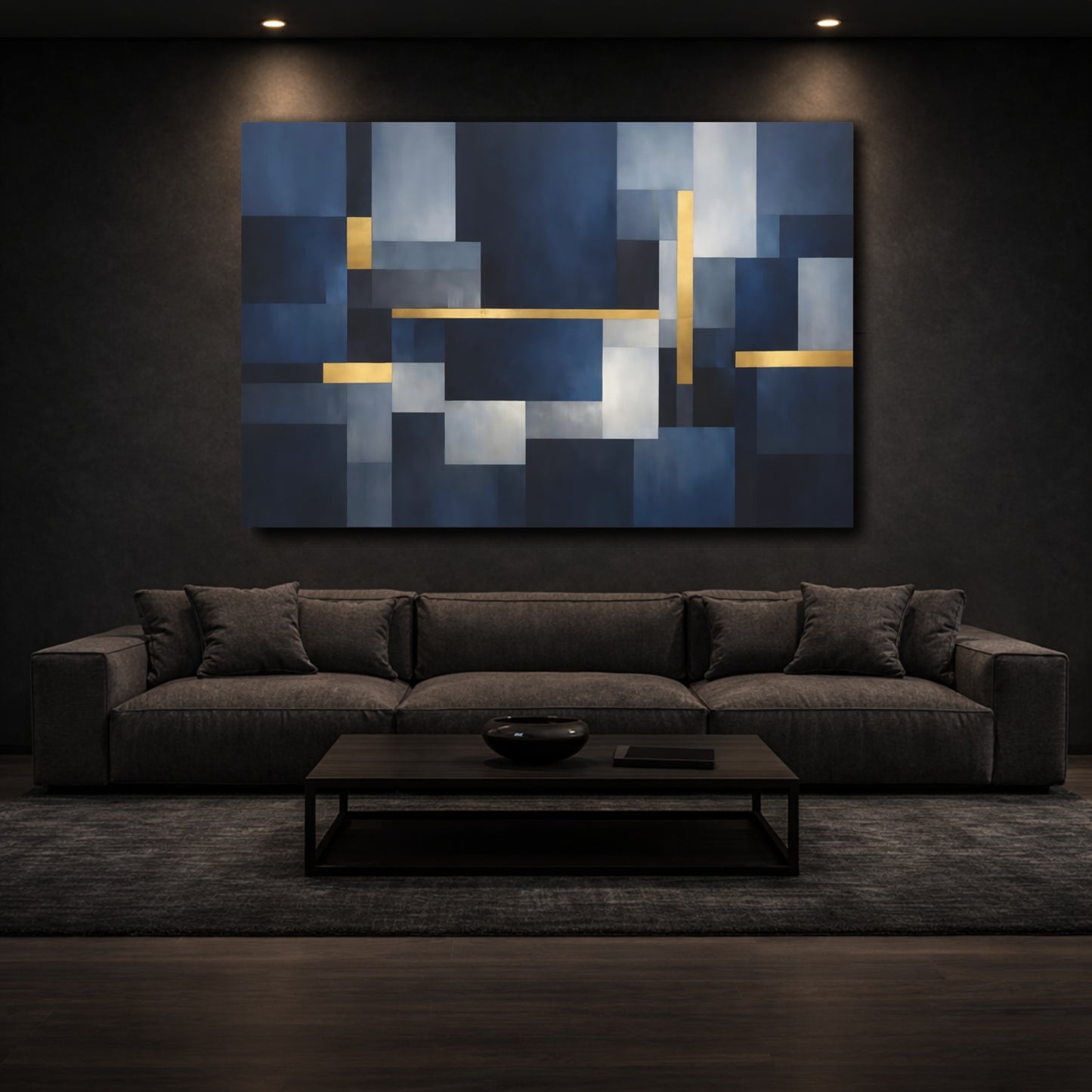 Mockup 2. Abstract Geometric Shapes Blue And Gold shown as stretched canvas wall art