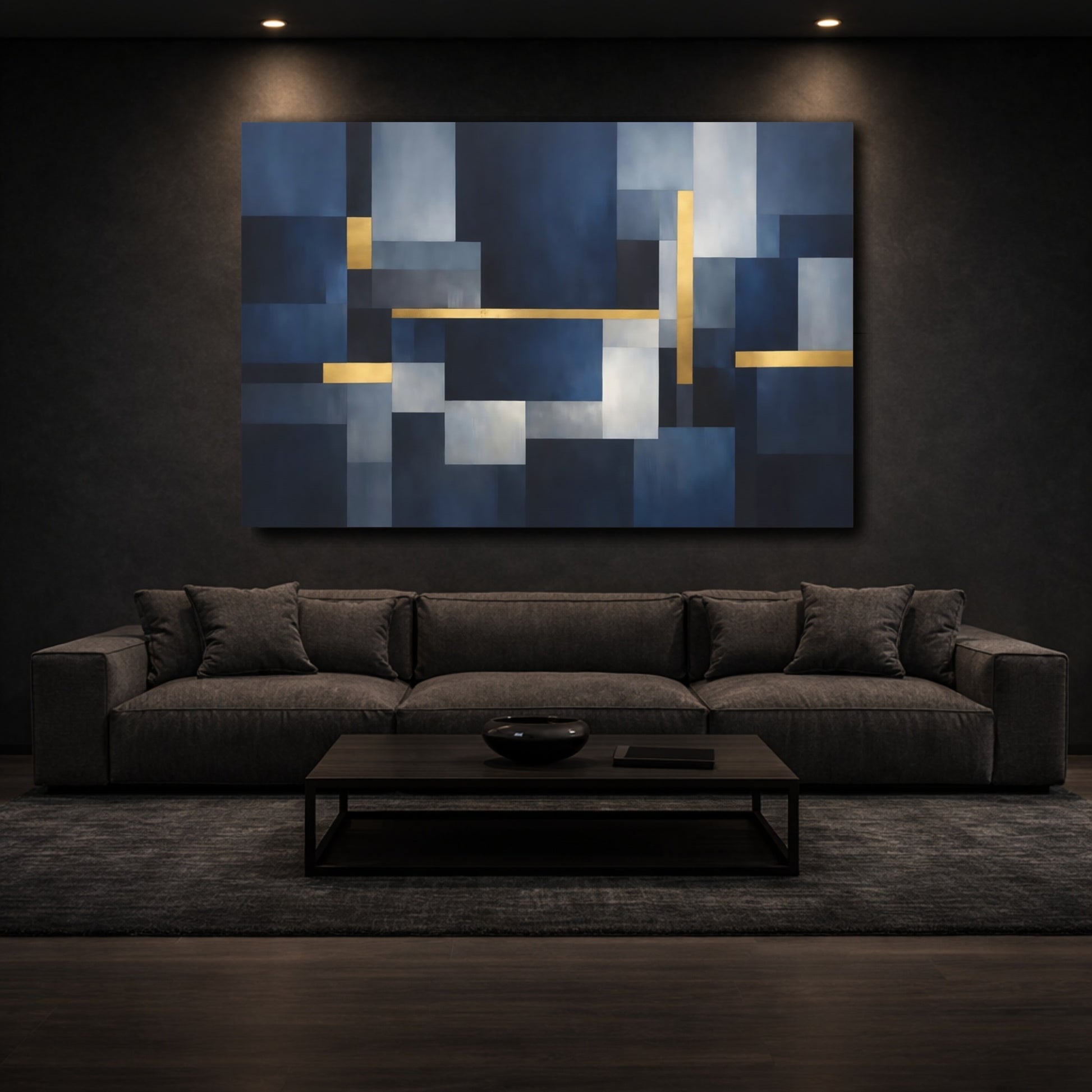 Mockup 2. Abstract Geometric Shapes Blue And Gold shown as stretched canvas wall art