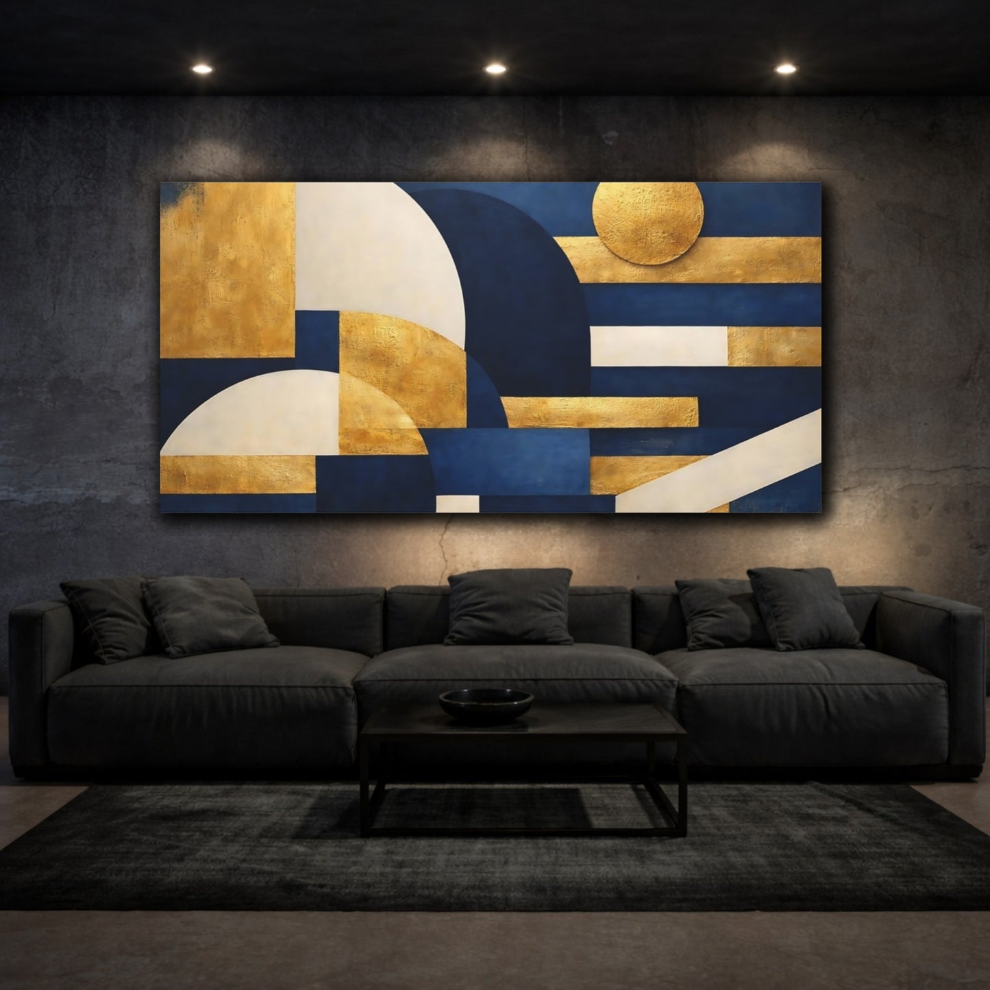 Mockup 2. Abstract Geometric Shapes Blue And Gold shown as stretched canvas wall art