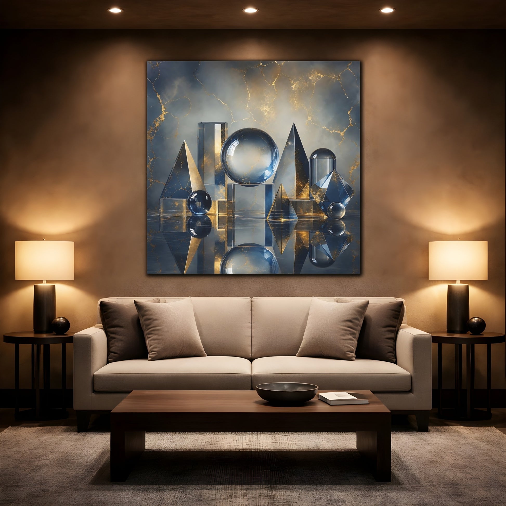 Mockup 2. Abstract Geometric Shapes Blue And Gold shown as stretched canvas wall art