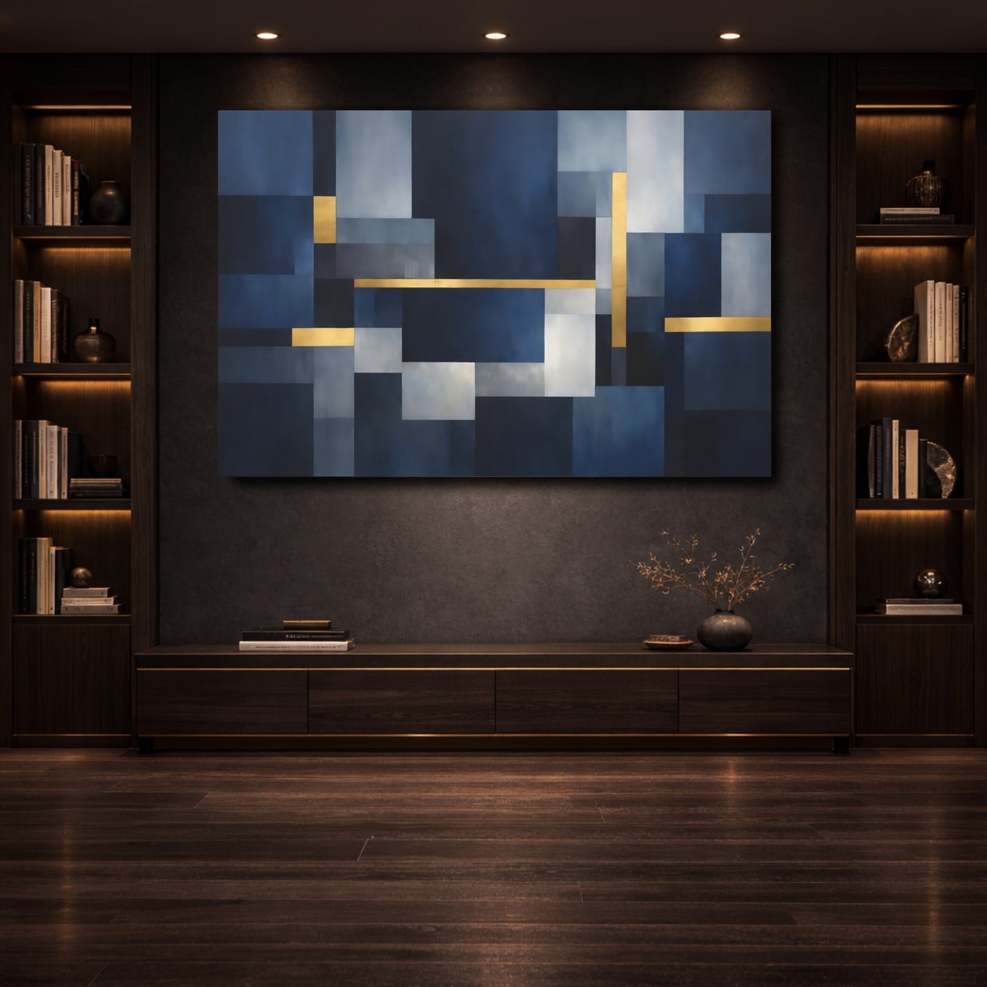 Mockup 3. Abstract Geometric Shapes Blue And Gold shown as stretched canvas wall art