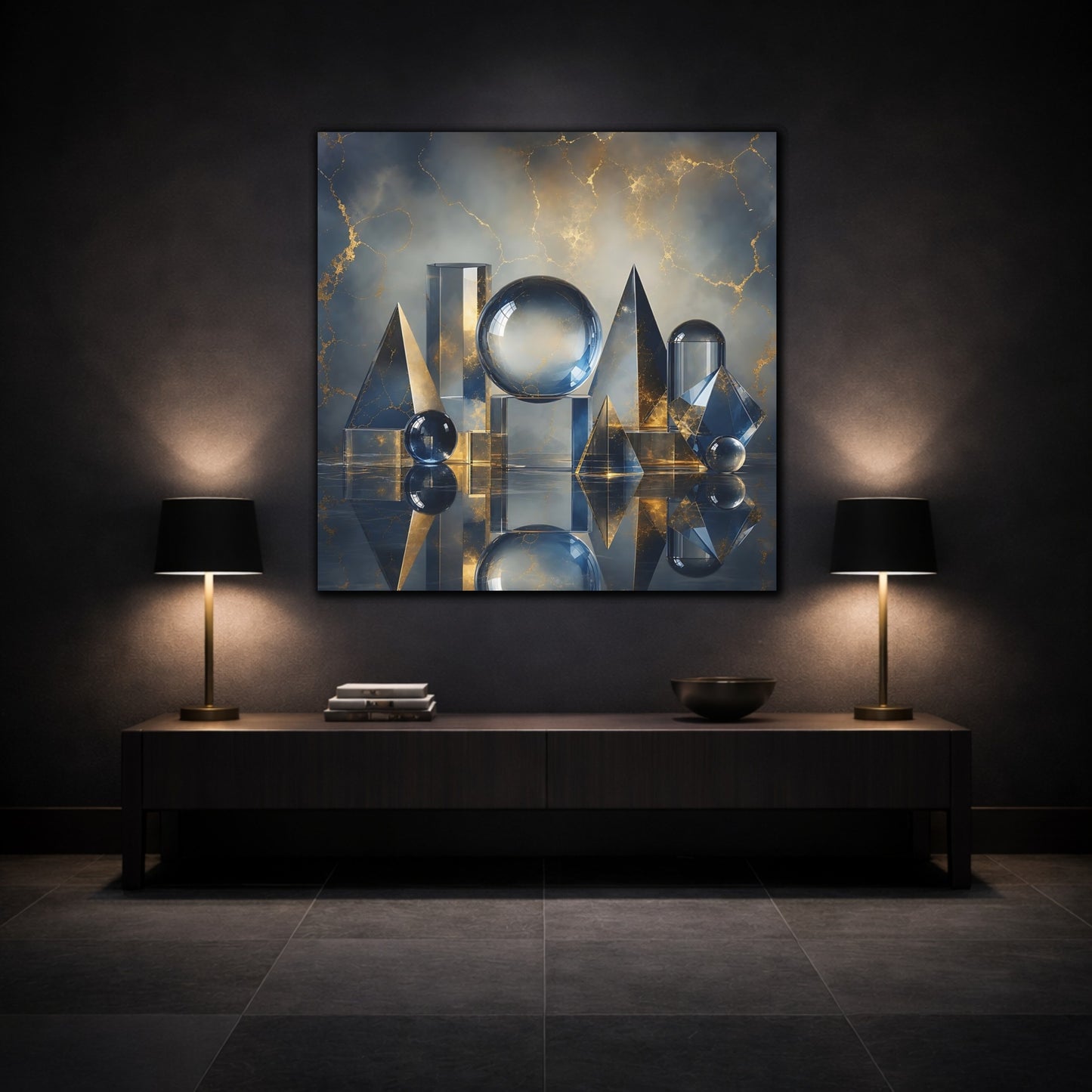 Mockup 3. Abstract Geometric Shapes Blue And Gold shown as stretched canvas wall art