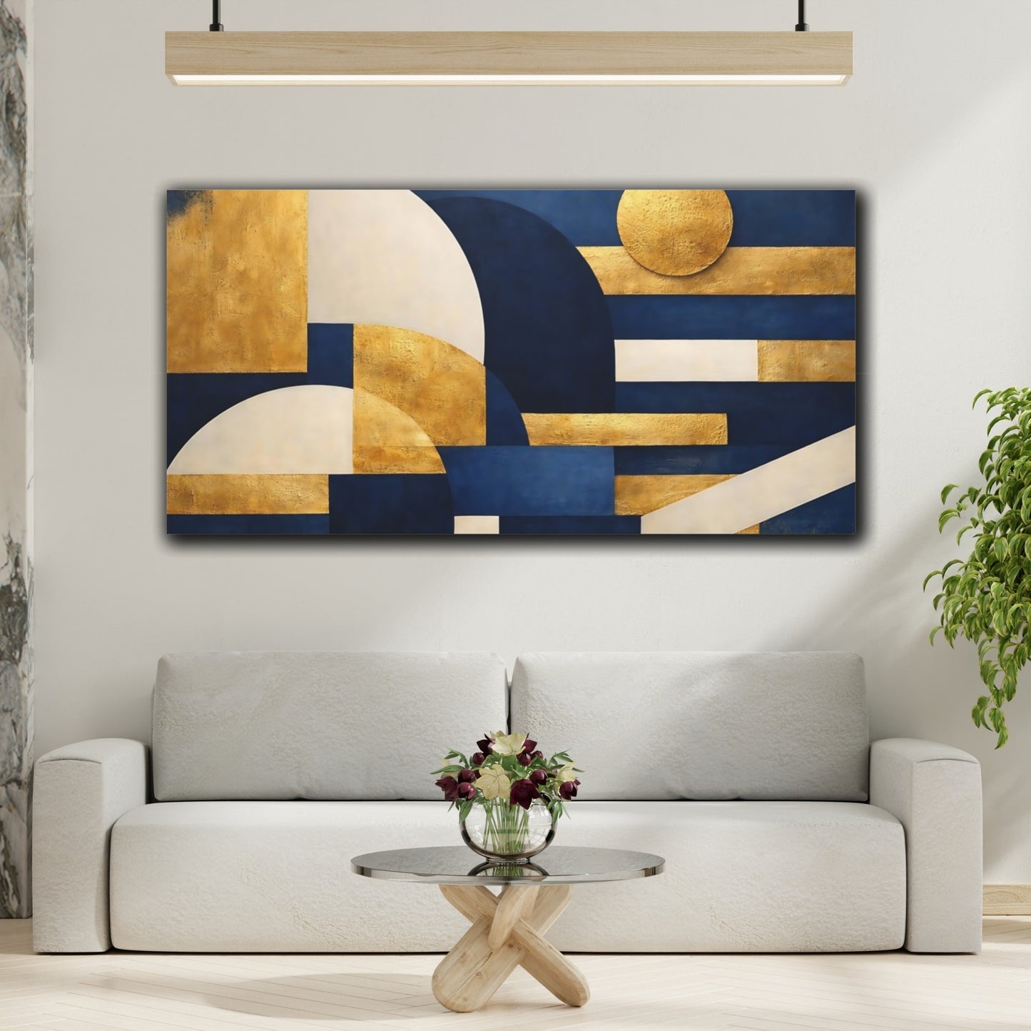 Mockup 3. Abstract Geometric Shapes Blue And Gold shown as stretched canvas wall art