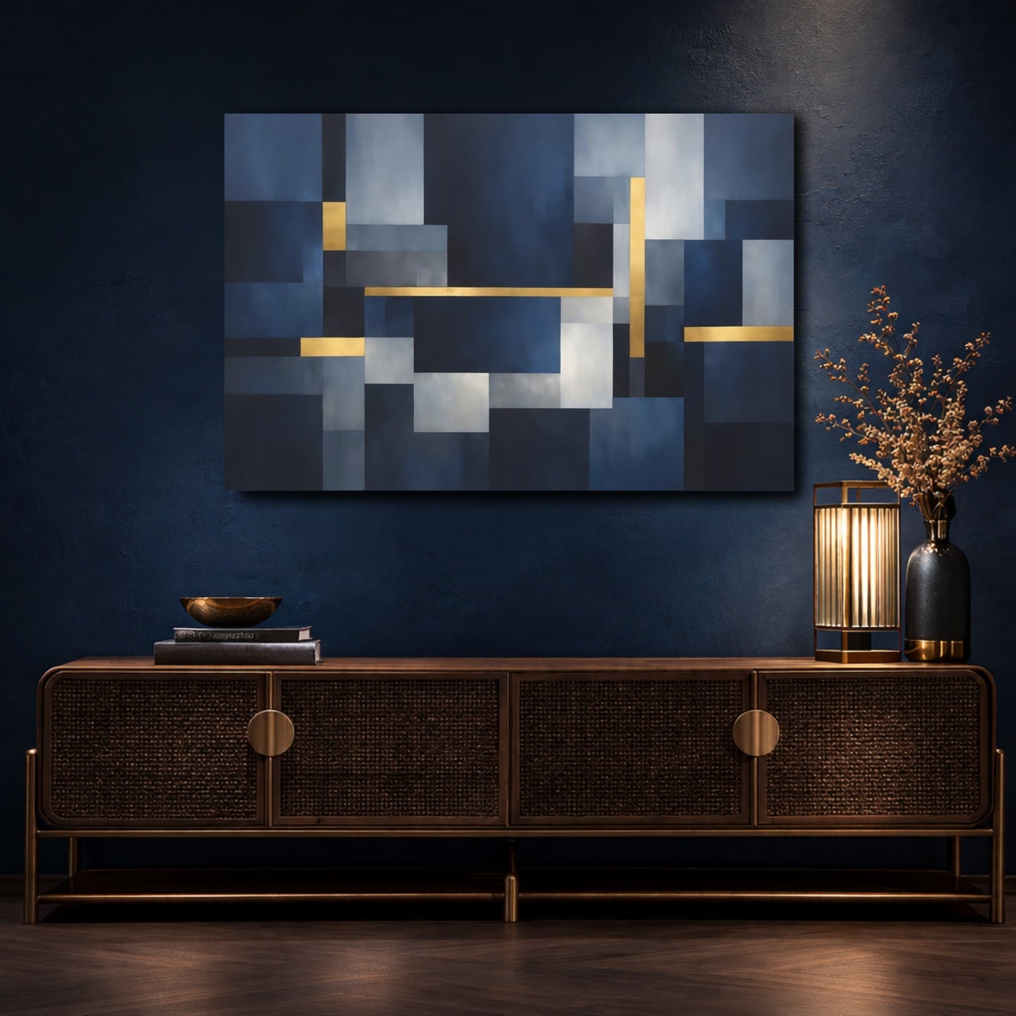Mockup 4. Abstract Geometric Shapes Blue And Gold shown as stretched canvas wall art