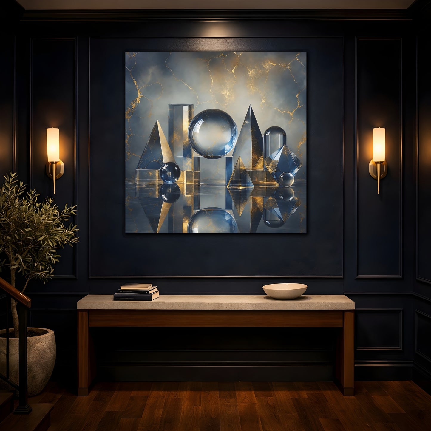 Mockup 4. Abstract Geometric Shapes Blue And Gold shown as stretched canvas wall art
