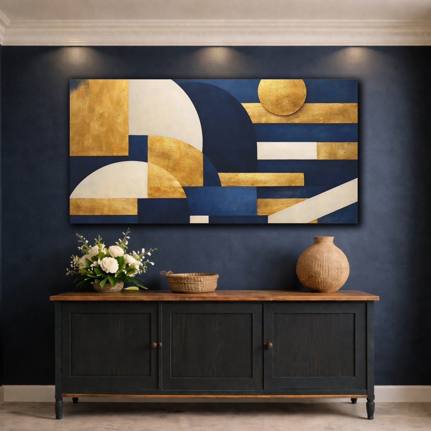 Mockup 4. Abstract Geometric Shapes Blue And Gold shown as stretched canvas wall art