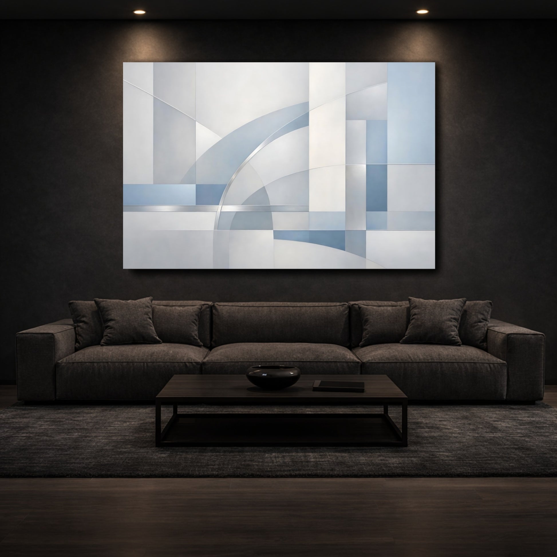 Mockup 2. Abstract Geometric Shapes Blue And Gray Geometry shown as stretched canvas wall art